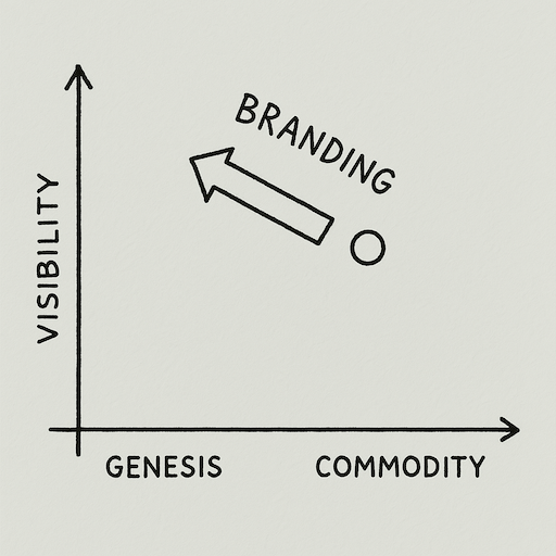 Wardley Map showing the effect of branding on a component, moving it up (more visible) and left (away from commodity)